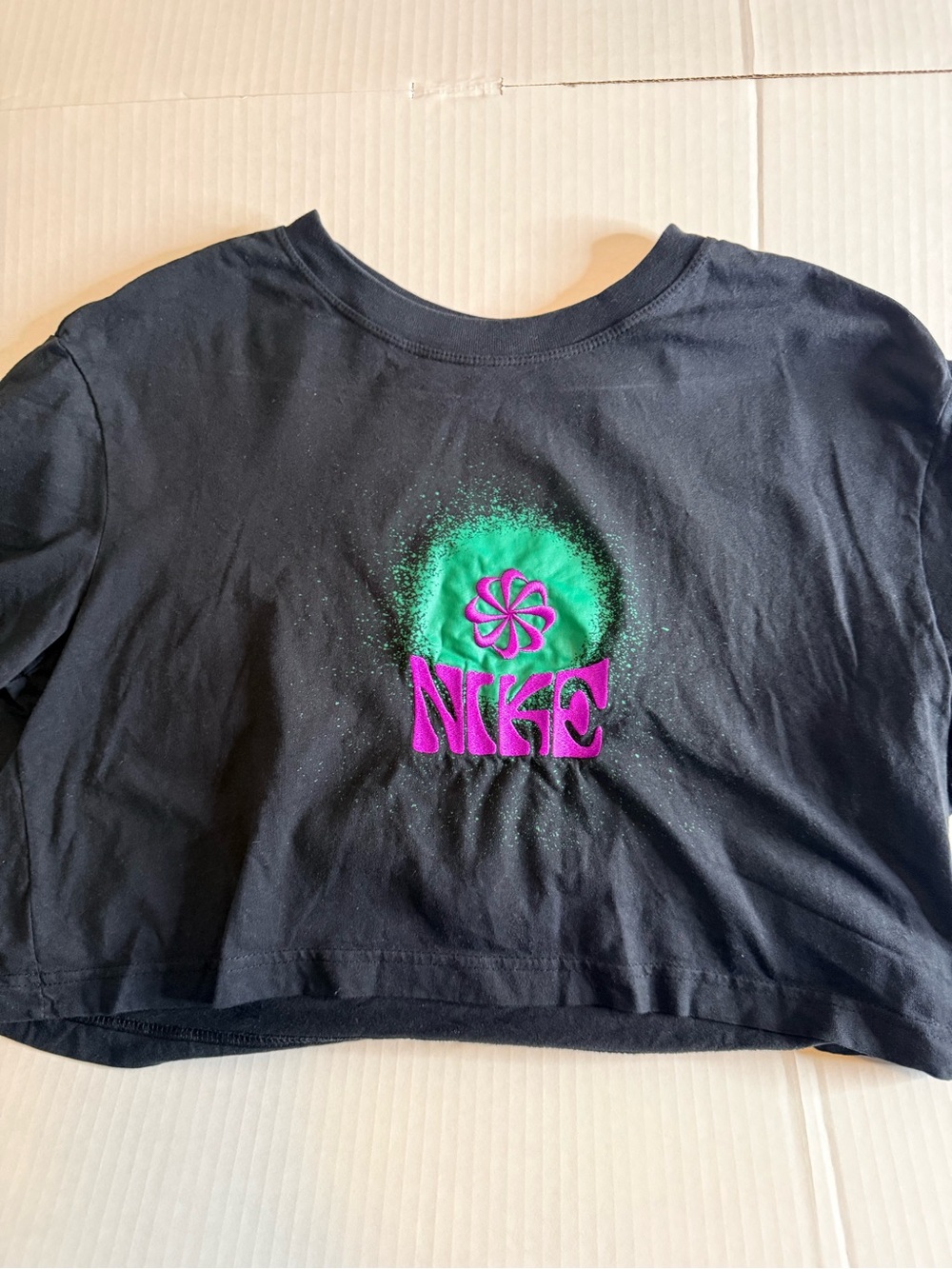 Nike Black Crop Top with Green Spray & Purple Logo